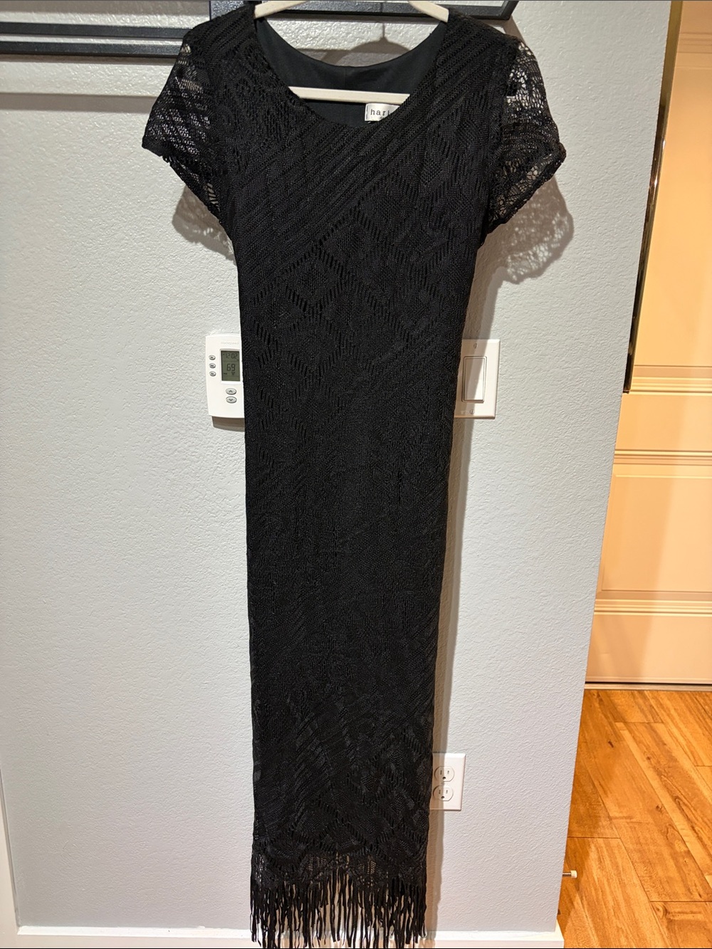 Vintage Harlow Black Lace Maxi Dress Size 8 Fringe Hem 90s Formal Evening